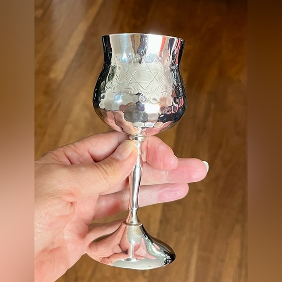 Silver Plated Hammered Kiddish Cup Goblet With Star Of David On Both Sides - Picture 5 of 10